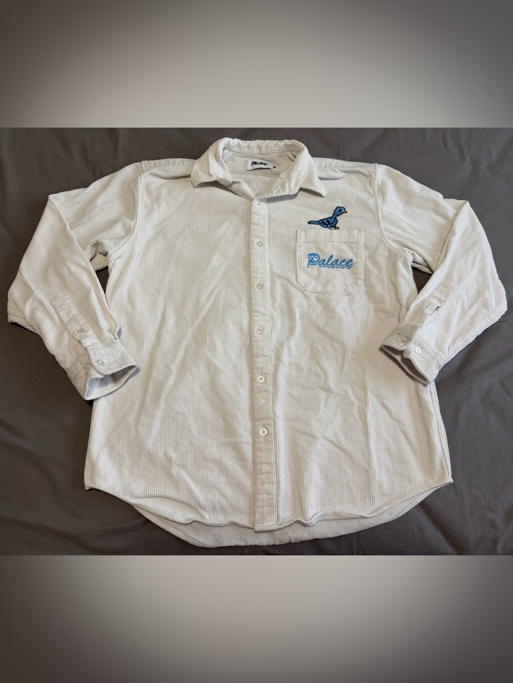 Palace Skateboards Toony Blue Bird Corduroy White Button Up Shirt Men’s Medium